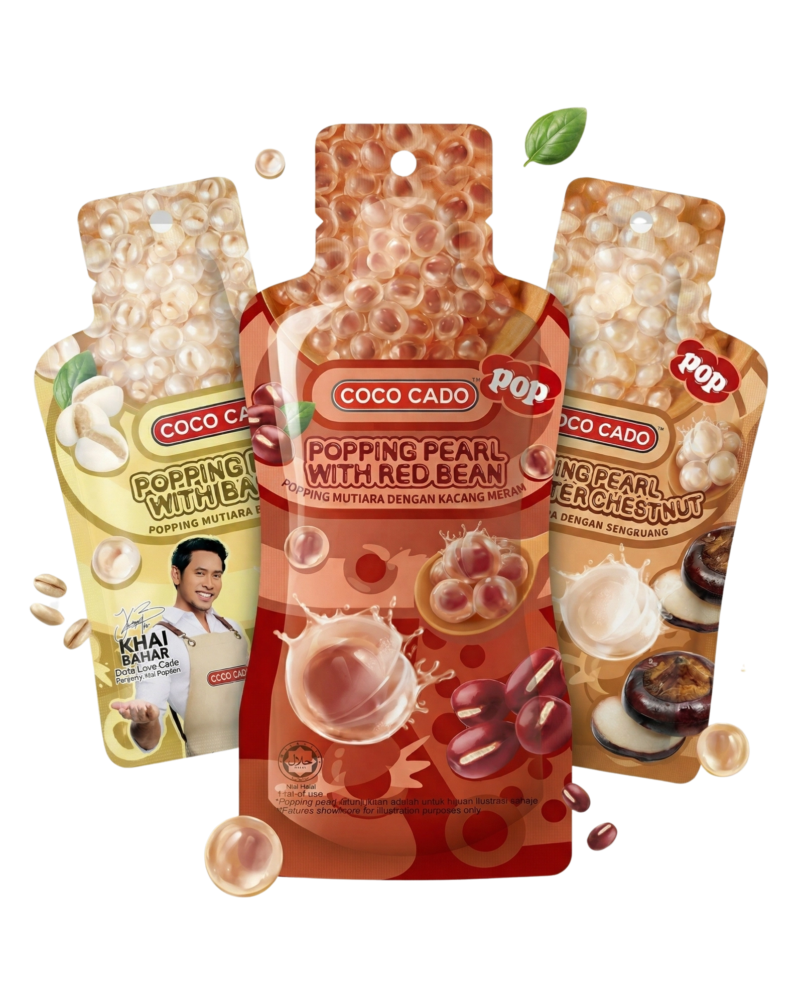 Coco Cado Popping Pearl in three flavours — Red Bean, Barley, and Water Chestnut