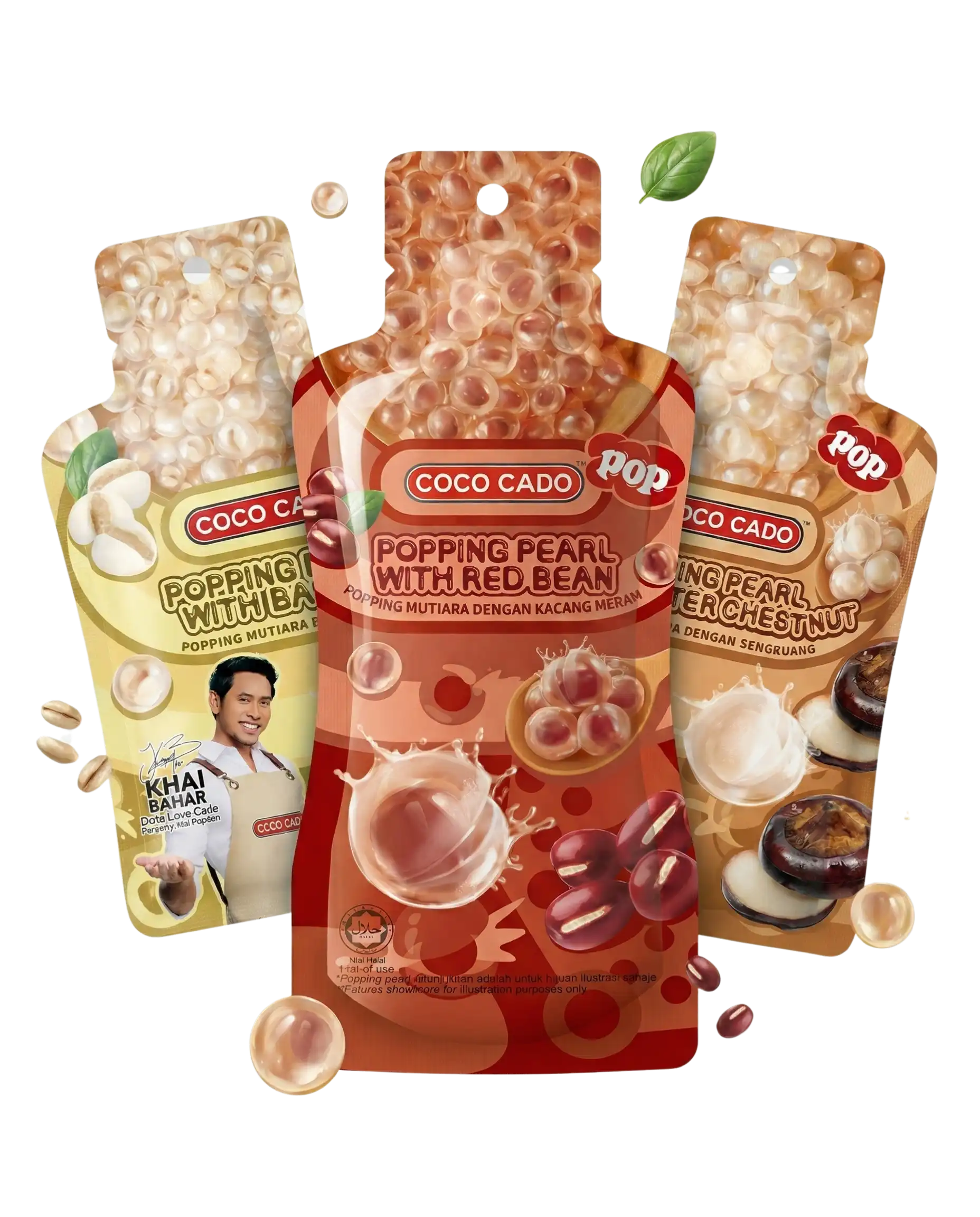 Coco Cado Popping Pearl in three flavours — Red Bean, Barley, and Water Chestnut