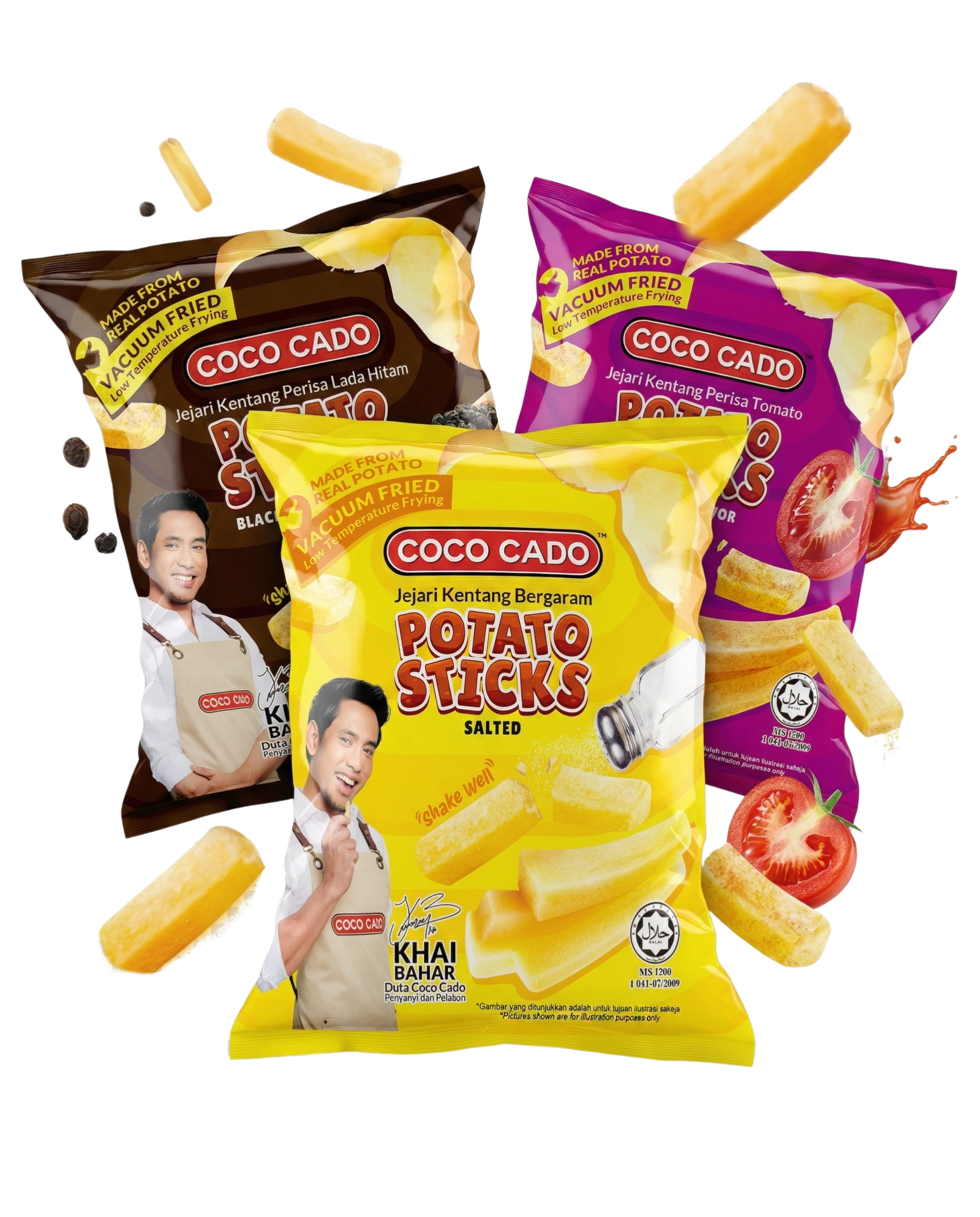 Coco Cado Potato Sticks in three flavours — Salted, Black Pepper, and Tomato